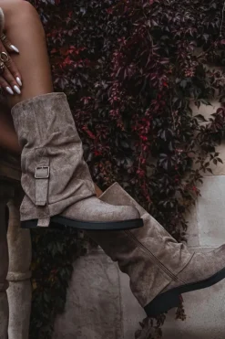 Damskie Boto Kozaki Damskie Z Wywiniętą Cholewką Do Połowy Łydki Z Klamrą Khaki Minelle