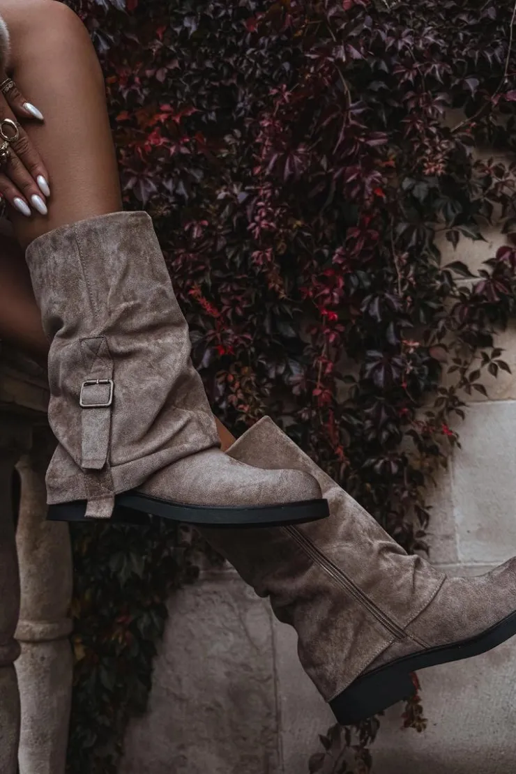 Damskie Boto Kozaki Damskie Z Wywiniętą Cholewką Do Połowy Łydki Z Klamrą Khaki Minelle