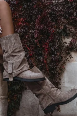 Damskie Boto Kozaki Damskie Z Wywiniętą Cholewką Do Połowy Łydki Z Klamrą Khaki Minelle