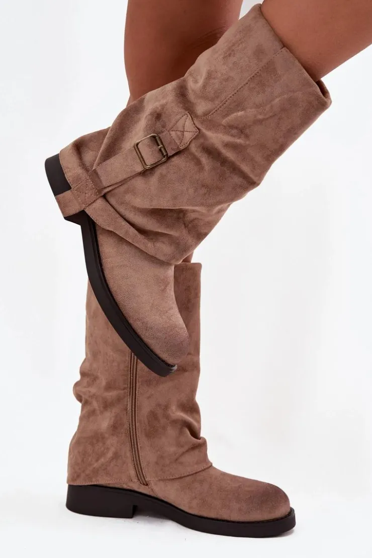 Damskie Boto Kozaki Damskie Z Wywiniętą Cholewką Do Połowy Łydki Z Klamrą Khaki Minelle