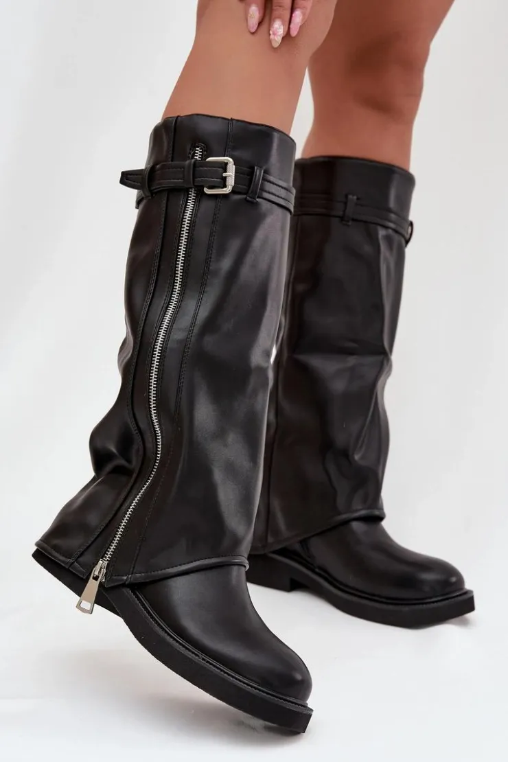 Damskie Boto Kozaki Damskie Z Wywiniętą Cholewką Klamrą I Srebrnym Zamkiem Ocieplane Czarne Bressa