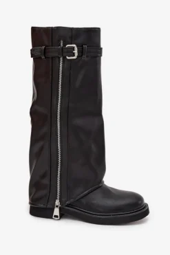 Damskie Boto Kozaki Damskie Z Wywiniętą Cholewką Klamrą I Srebrnym Zamkiem Ocieplane Czarne Bressa