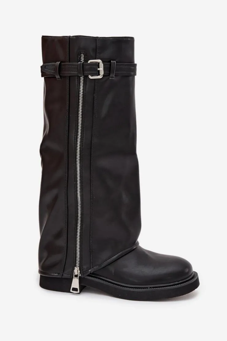 Damskie Boto Kozaki Damskie Z Wywiniętą Cholewką Klamrą I Srebrnym Zamkiem Ocieplane Czarne Bressa