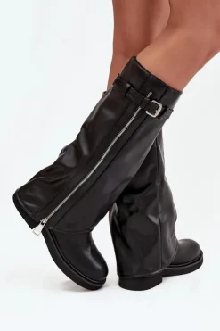 Damskie Boto Kozaki Damskie Z Wywiniętą Cholewką Klamrą I Srebrnym Zamkiem Ocieplane Czarne Bressa