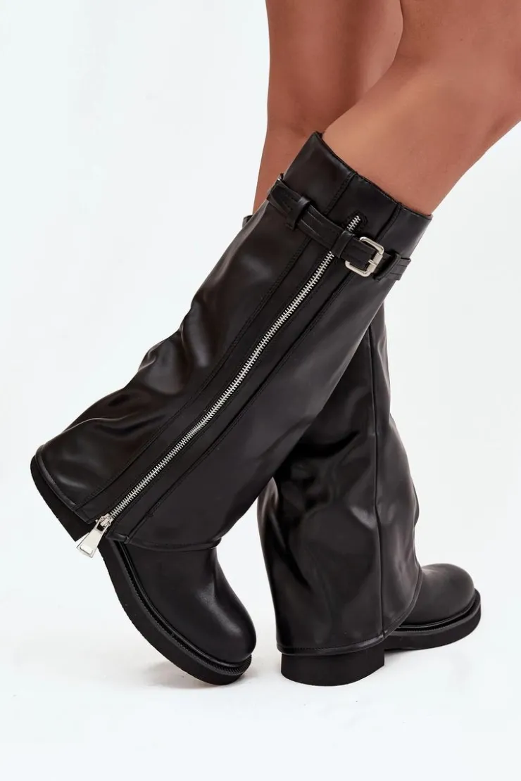 Damskie Boto Kozaki Damskie Z Wywiniętą Cholewką Klamrą I Srebrnym Zamkiem Ocieplane Czarne Bressa