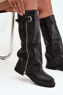 Damskie Boto Kozaki Damskie Z Wywiniętą Cholewką Klamrą I Srebrnym Zamkiem Ocieplane Czarne Bressa