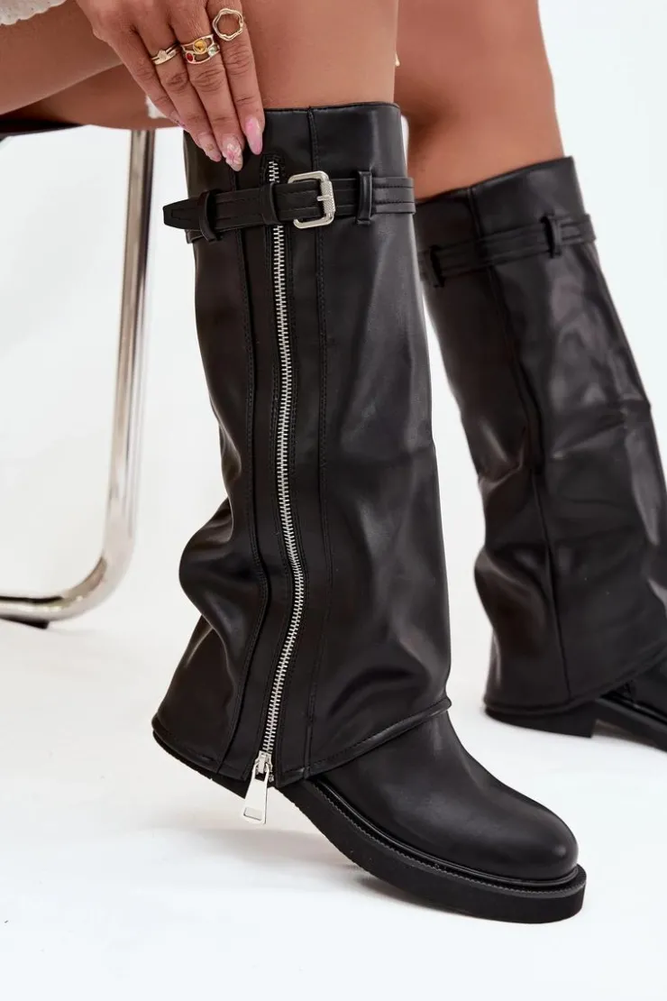 Damskie Boto Kozaki Damskie Z Wywiniętą Cholewką Klamrą I Srebrnym Zamkiem Ocieplane Czarne Bressa