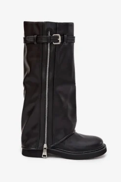 Damskie Boto Kozaki Damskie Z Wywiniętą Cholewką Klamrą I Srebrnym Zamkiem Ocieplane Czarne Bressa