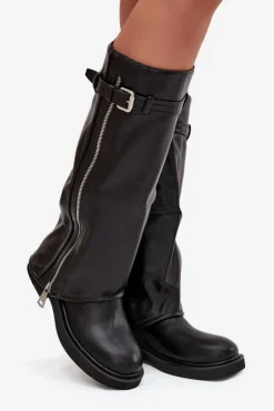 Damskie Boto Kozaki Damskie Z Wywiniętą Cholewką Klamrą I Srebrnym Zamkiem Ocieplane Czarne Bressa