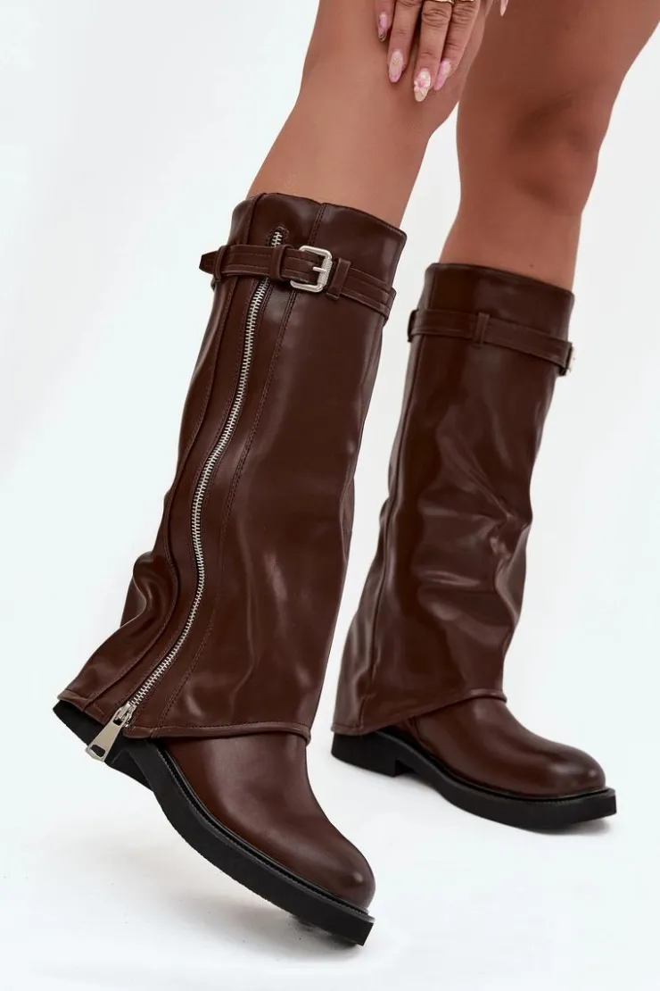 Boto Kozaki Ocieplane|Kozaki Płaskie*Kozaki Damskie Z Wywiniętą Cholewką Klamrą I Srebrnym Zamkiem Ocieplane Brązowe Bressa Brązowy