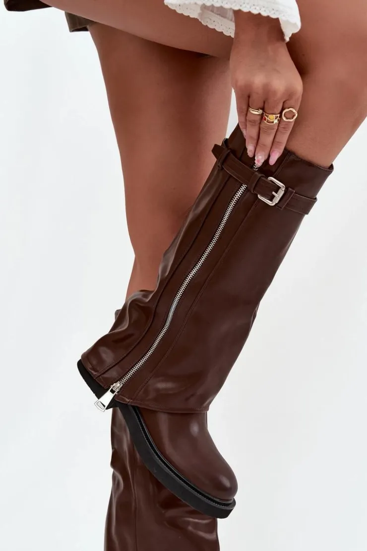 Boto Kozaki Ocieplane|Kozaki Płaskie*Kozaki Damskie Z Wywiniętą Cholewką Klamrą I Srebrnym Zamkiem Ocieplane Brązowe Bressa Brązowy