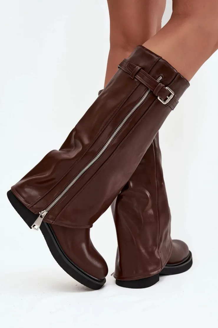 Boto Kozaki Ocieplane|Kozaki Płaskie*Kozaki Damskie Z Wywiniętą Cholewką Klamrą I Srebrnym Zamkiem Ocieplane Brązowe Bressa Brązowy