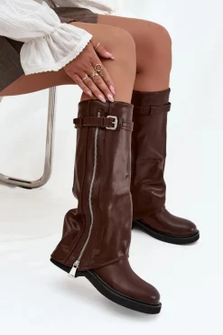 Boto Kozaki Ocieplane|Kozaki Płaskie*Kozaki Damskie Z Wywiniętą Cholewką Klamrą I Srebrnym Zamkiem Ocieplane Brązowe Bressa Brązowy