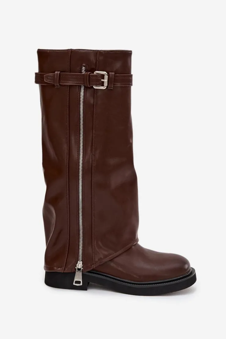 Boto Kozaki Ocieplane|Kozaki Płaskie*Kozaki Damskie Z Wywiniętą Cholewką Klamrą I Srebrnym Zamkiem Ocieplane Brązowe Bressa Brązowy