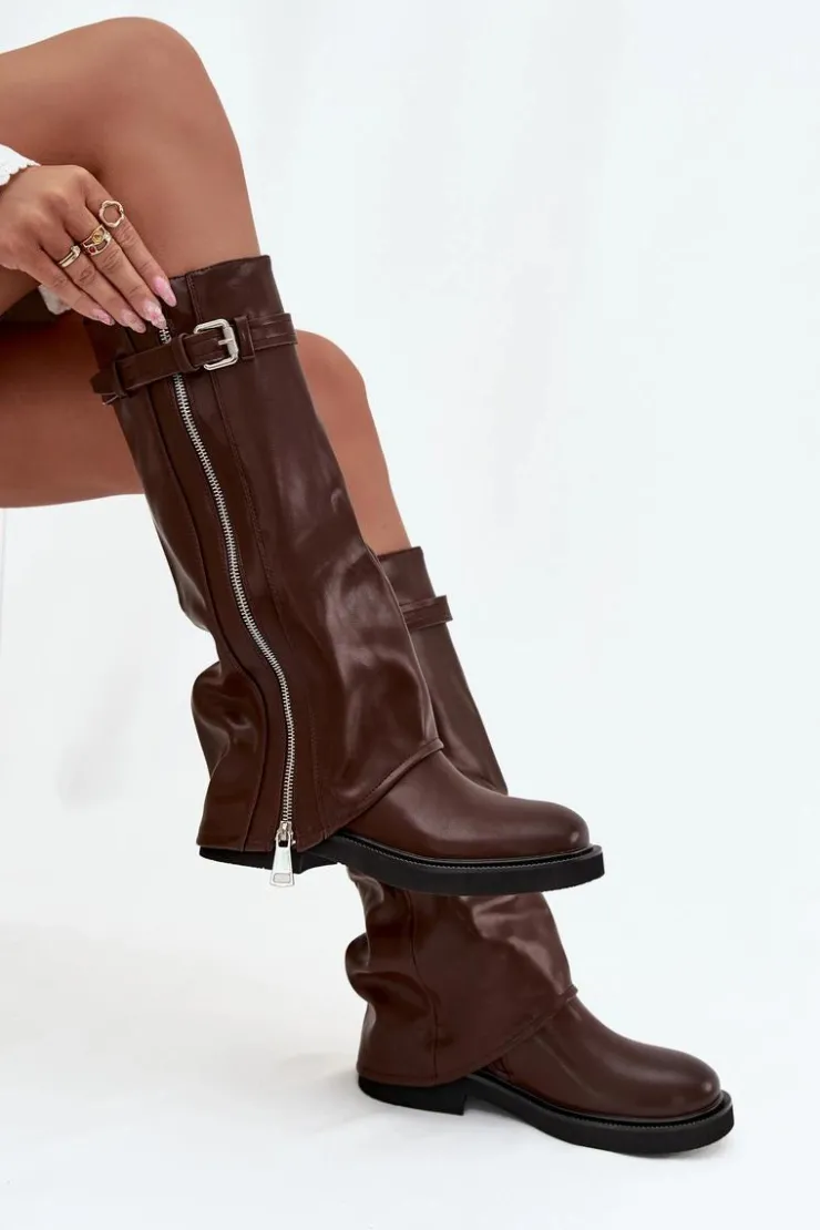 Boto Kozaki Ocieplane|Kozaki Płaskie*Kozaki Damskie Z Wywiniętą Cholewką Klamrą I Srebrnym Zamkiem Ocieplane Brązowe Bressa Brązowy