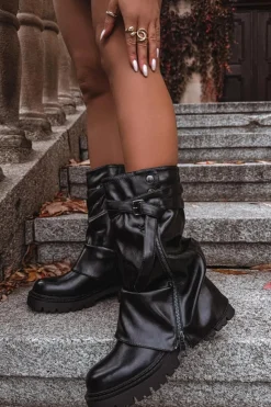 Damskie Boto Kozaki Damskie Z Wywiniętą Cholewką Do Połowy Łydki Z Paskiem Czarne Darisa