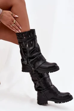Damskie Boto Kozaki Damskie Z Wywiniętą Cholewką Do Połowy Łydki Z Paskiem Czarne Darisa