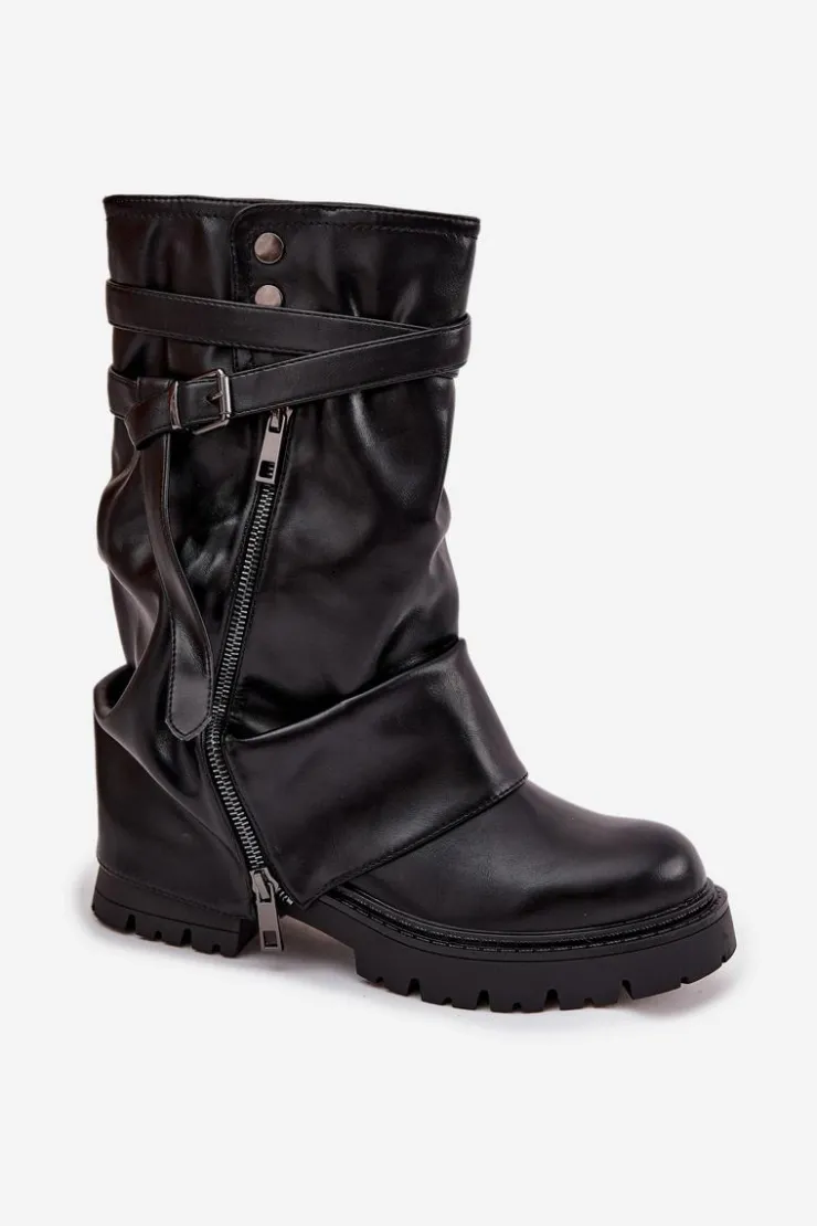 Damskie Boto Kozaki Damskie Z Wywiniętą Cholewką Do Połowy Łydki Z Paskiem Czarne Darisa