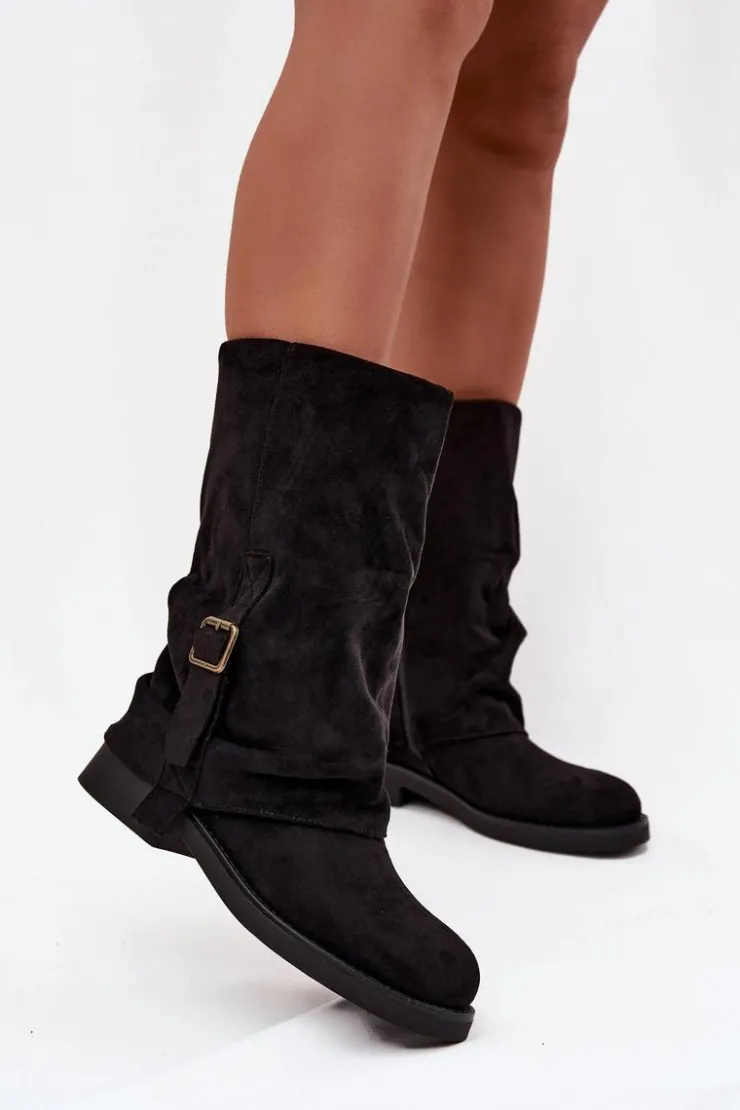 New Boto Kozaki Damskie Z Wywiniętą Cholewką Do Połowy Łydki Z Klamrą Czarne Minelle Czarny