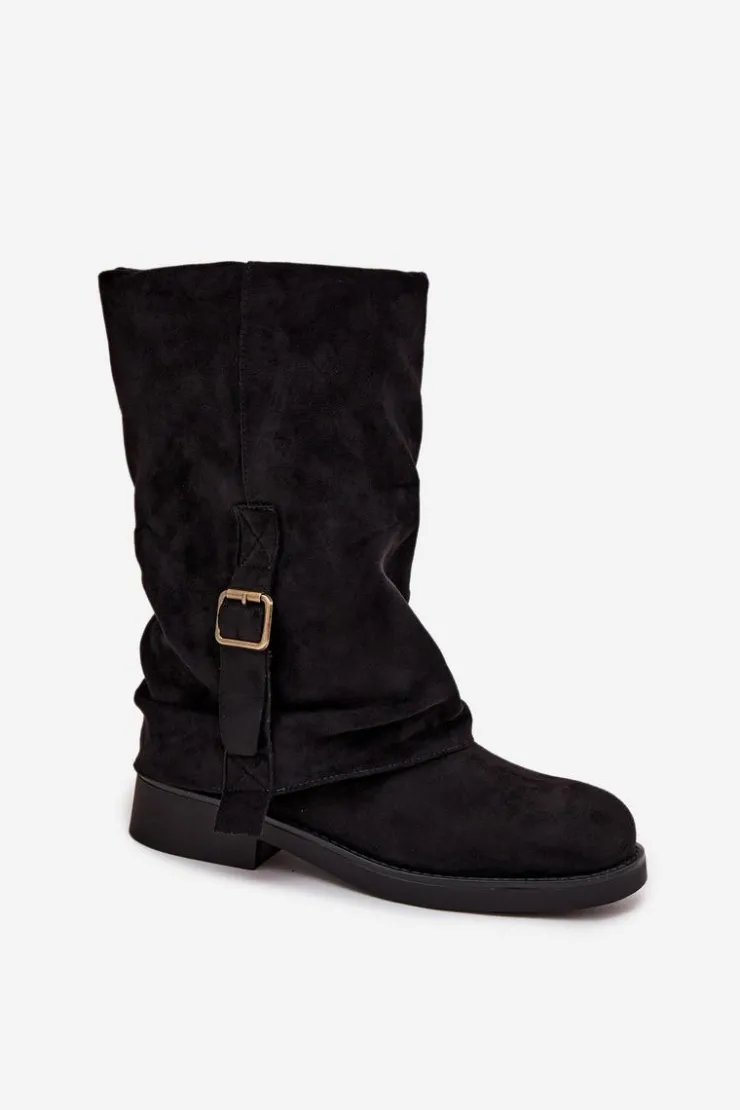 New Boto Kozaki Damskie Z Wywiniętą Cholewką Do Połowy Łydki Z Klamrą Czarne Minelle Czarny