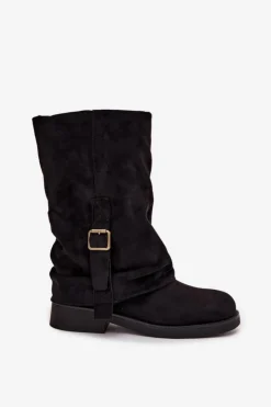 New Boto Kozaki Damskie Z Wywiniętą Cholewką Do Połowy Łydki Z Klamrą Czarne Minelle Czarny