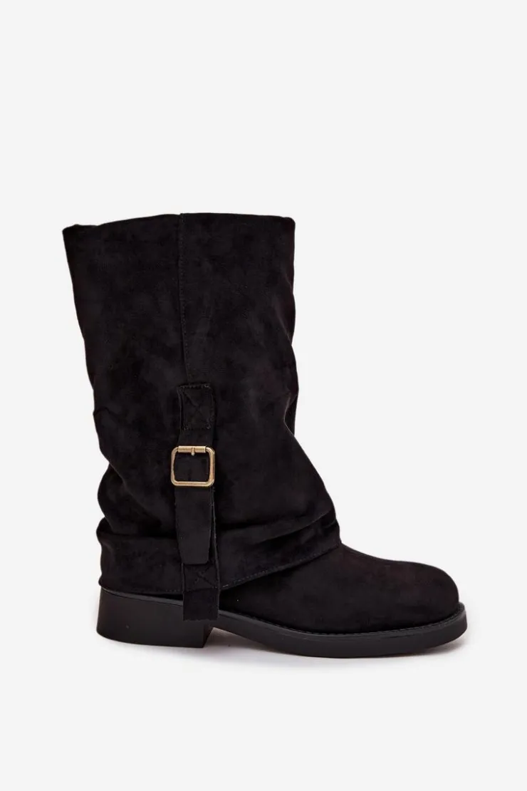 New Boto Kozaki Damskie Z Wywiniętą Cholewką Do Połowy Łydki Z Klamrą Czarne Minelle Czarny