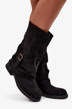 New Boto Kozaki Damskie Z Wywiniętą Cholewką Do Połowy Łydki Z Klamrą Czarne Minelle Czarny