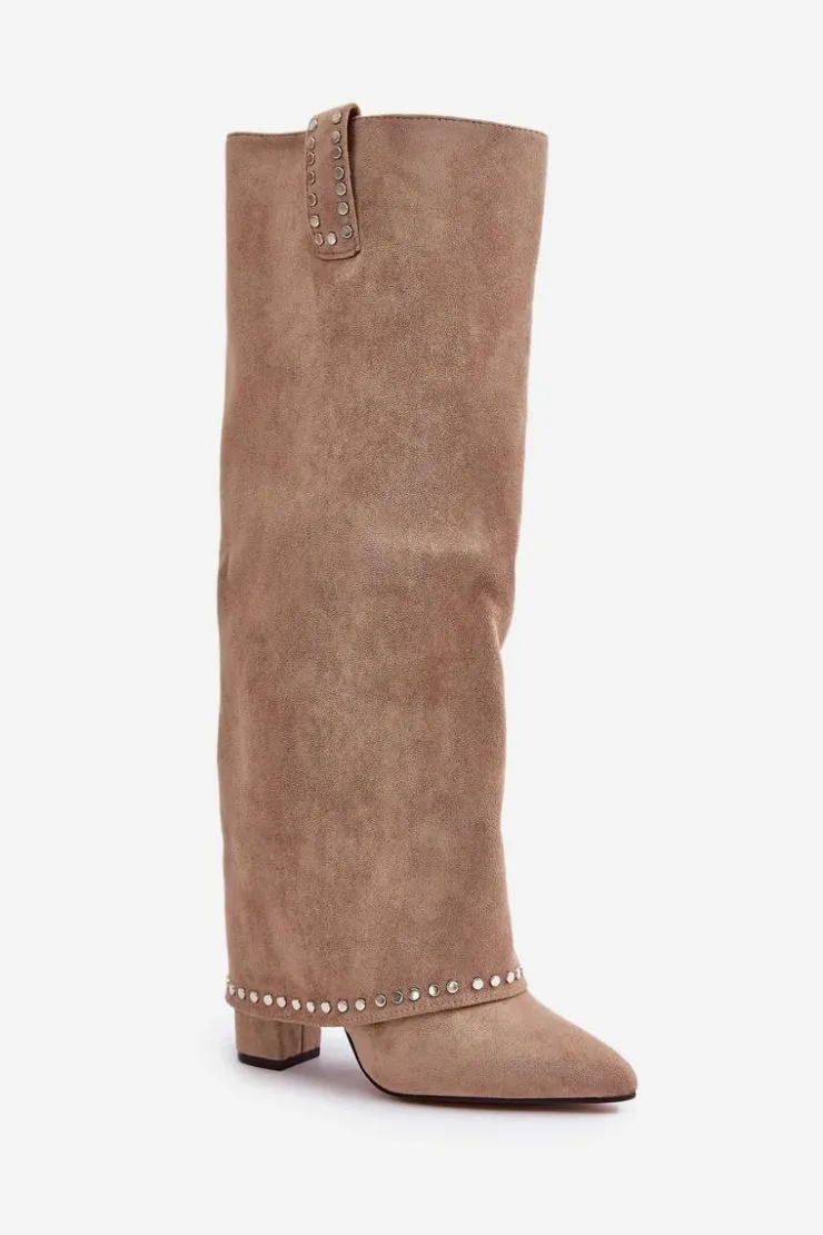 Outlet Boto Kozaki Damskie Z Wywiniętą Cholewką Na Słupku Beżowe Kaithena