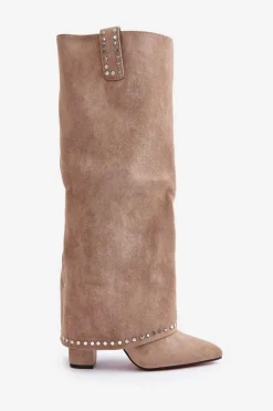 Outlet Boto Kozaki Damskie Z Wywiniętą Cholewką Na Słupku Beżowe Kaithena