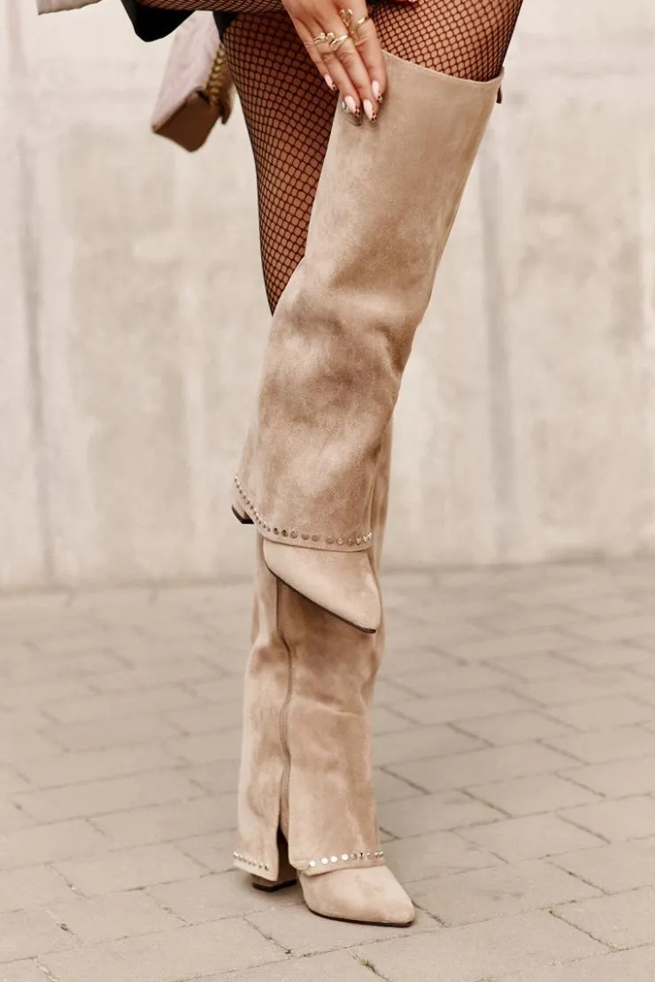 Outlet Boto Kozaki Damskie Z Wywiniętą Cholewką Na Słupku Beżowe Kaithena