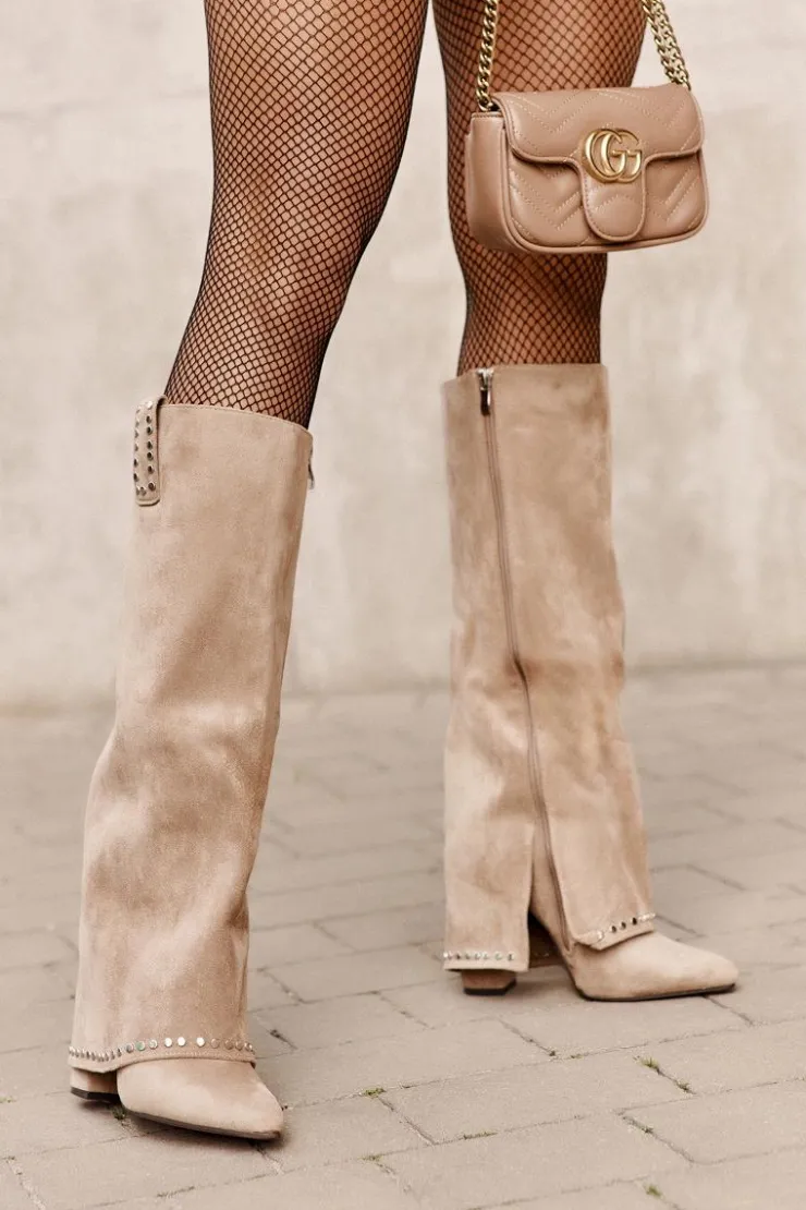 Outlet Boto Kozaki Damskie Z Wywiniętą Cholewką Na Słupku Beżowe Kaithena