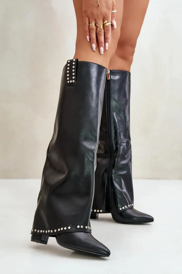 Boto Kozaki Przed Kolano|Kozaki Na Obcasie*Kozaki Damskie Z Wywiniętą Cholewką Na Słupku Czarne Kaielia