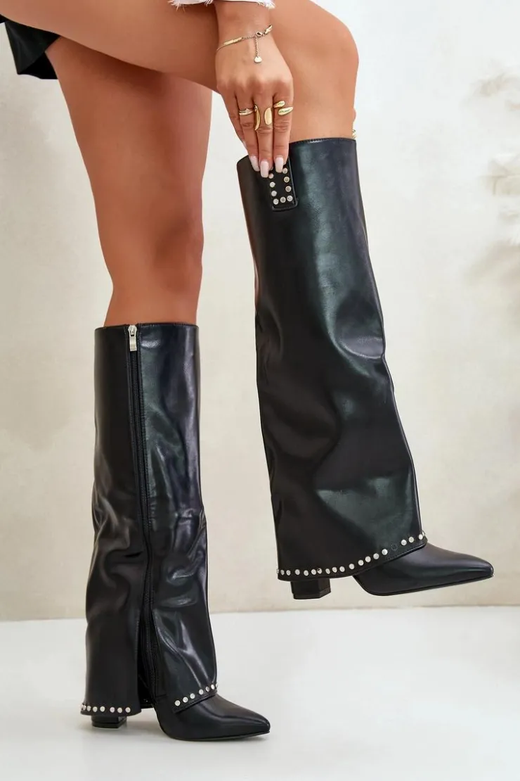 Boto Kozaki Przed Kolano|Kozaki Na Obcasie*Kozaki Damskie Z Wywiniętą Cholewką Na Słupku Czarne Kaielia