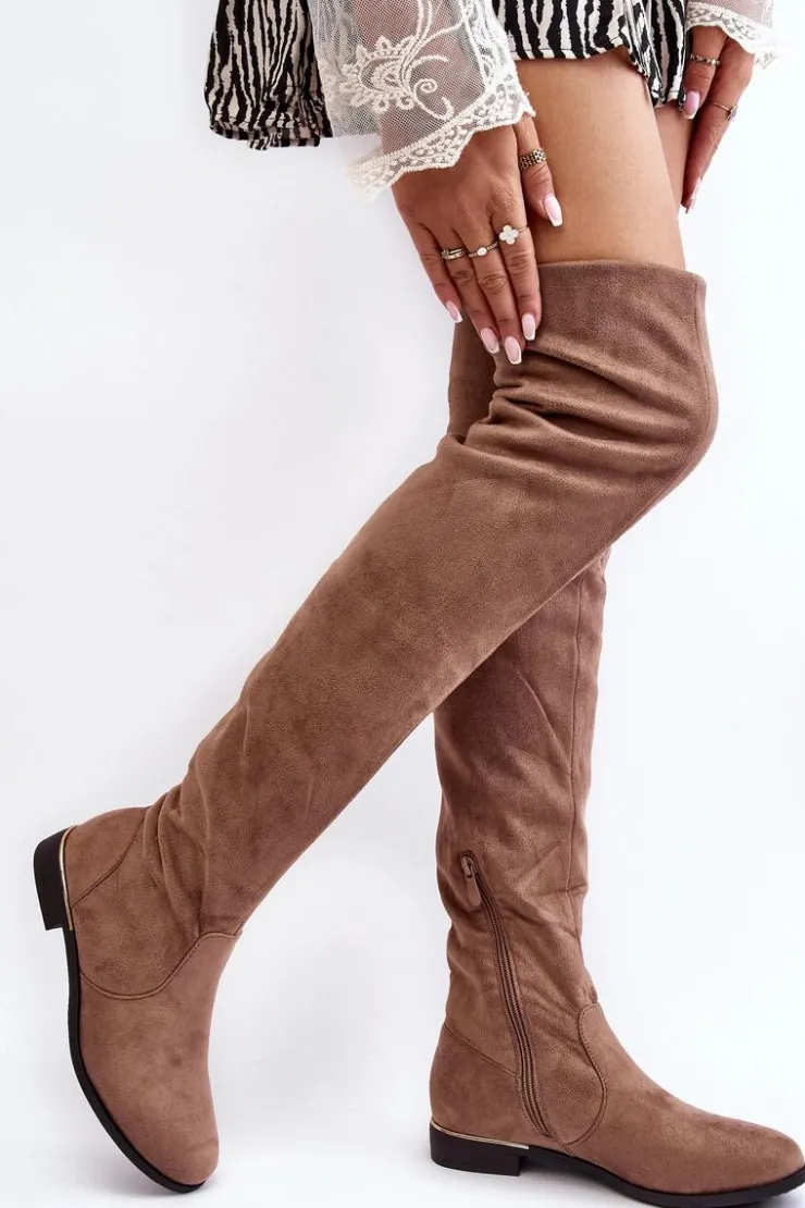 Damskie Boto Kozaki Damskie Za Kolano Na Płaskim Obcasie Beżowe Bikka