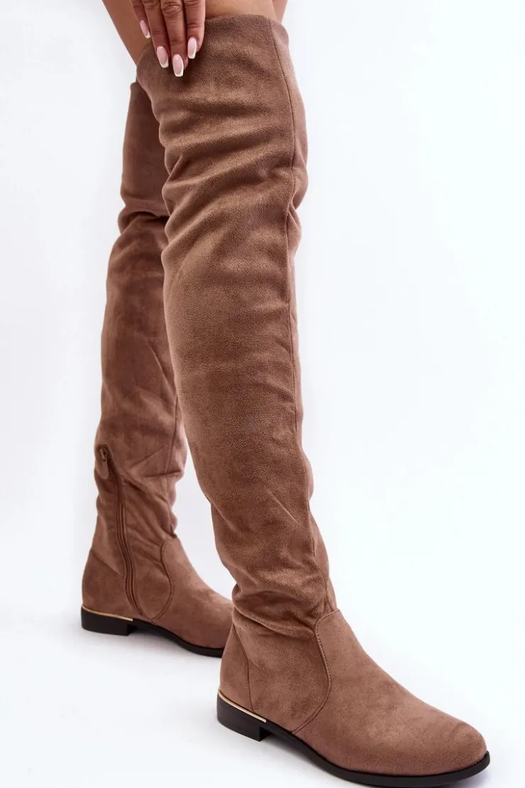 Damskie Boto Kozaki Damskie Za Kolano Na Płaskim Obcasie Beżowe Bikka