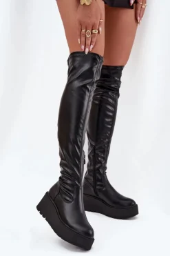 Damskie Boto Kozaki Damskie Za Kolano Na Platformie I Delikatnym Koturnie Czarne Lydira