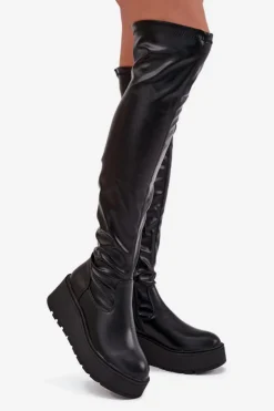 Damskie Boto Kozaki Damskie Za Kolano Na Platformie I Delikatnym Koturnie Czarne Lydira