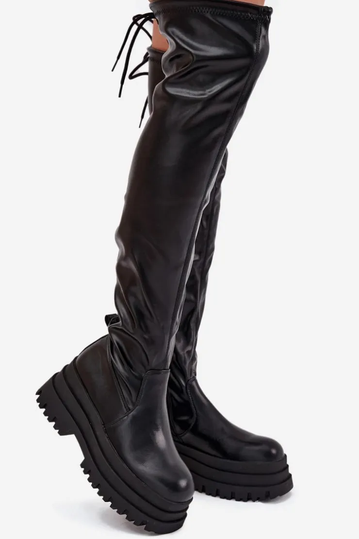 Online Boto Kozaki Damskie Za Kolano Na Masywnej Platformie Czarne Erisna