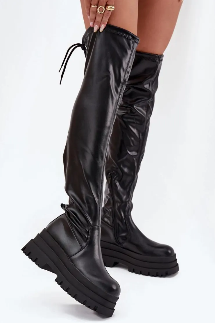 Online Boto Kozaki Damskie Za Kolano Na Masywnej Platformie Czarne Erisna