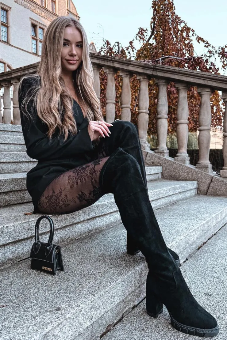 Damskie Boto Kozaki Damskie Za Kolano Na Słupku Eko Zamszowe Czarne Tahlina