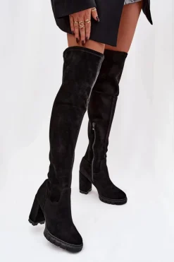 Damskie Boto Kozaki Damskie Za Kolano Na Słupku Eko Zamszowe Czarne Tahlina