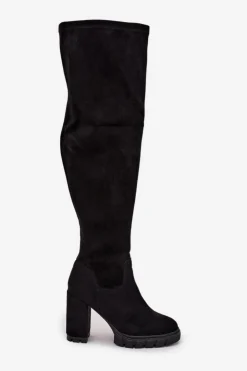 Damskie Boto Kozaki Damskie Za Kolano Na Słupku Eko Zamszowe Czarne Tahlina