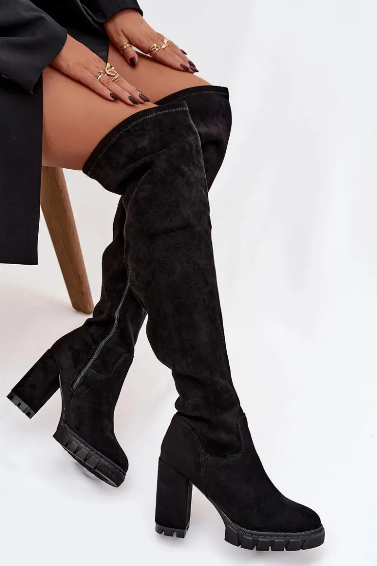 Damskie Boto Kozaki Damskie Za Kolano Na Słupku Eko Zamszowe Czarne Tahlina