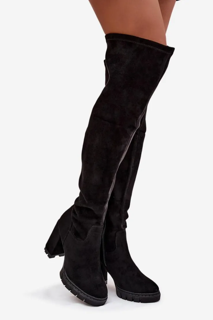 Damskie Boto Kozaki Damskie Za Kolano Na Słupku Eko Zamszowe Czarne Tahlina