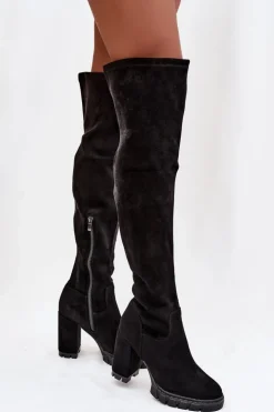 Damskie Boto Kozaki Damskie Za Kolano Na Słupku Eko Zamszowe Czarne Tahlina