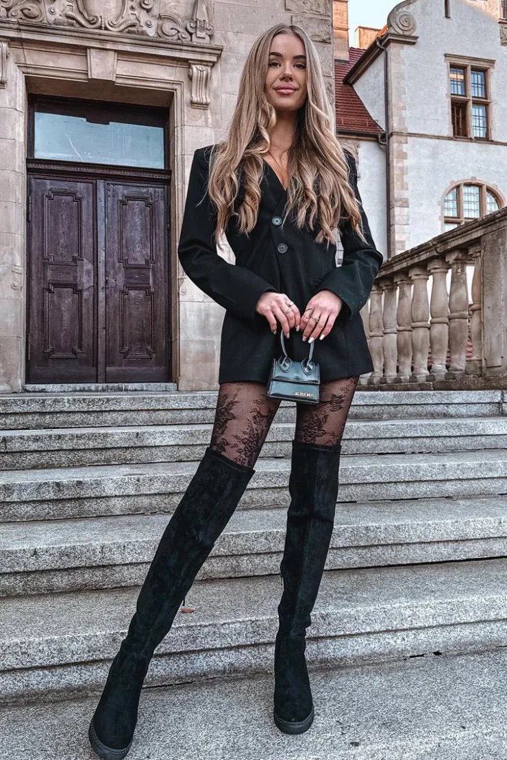 Damskie Boto Kozaki Damskie Za Kolano Na Słupku Eko Zamszowe Czarne Tahlina