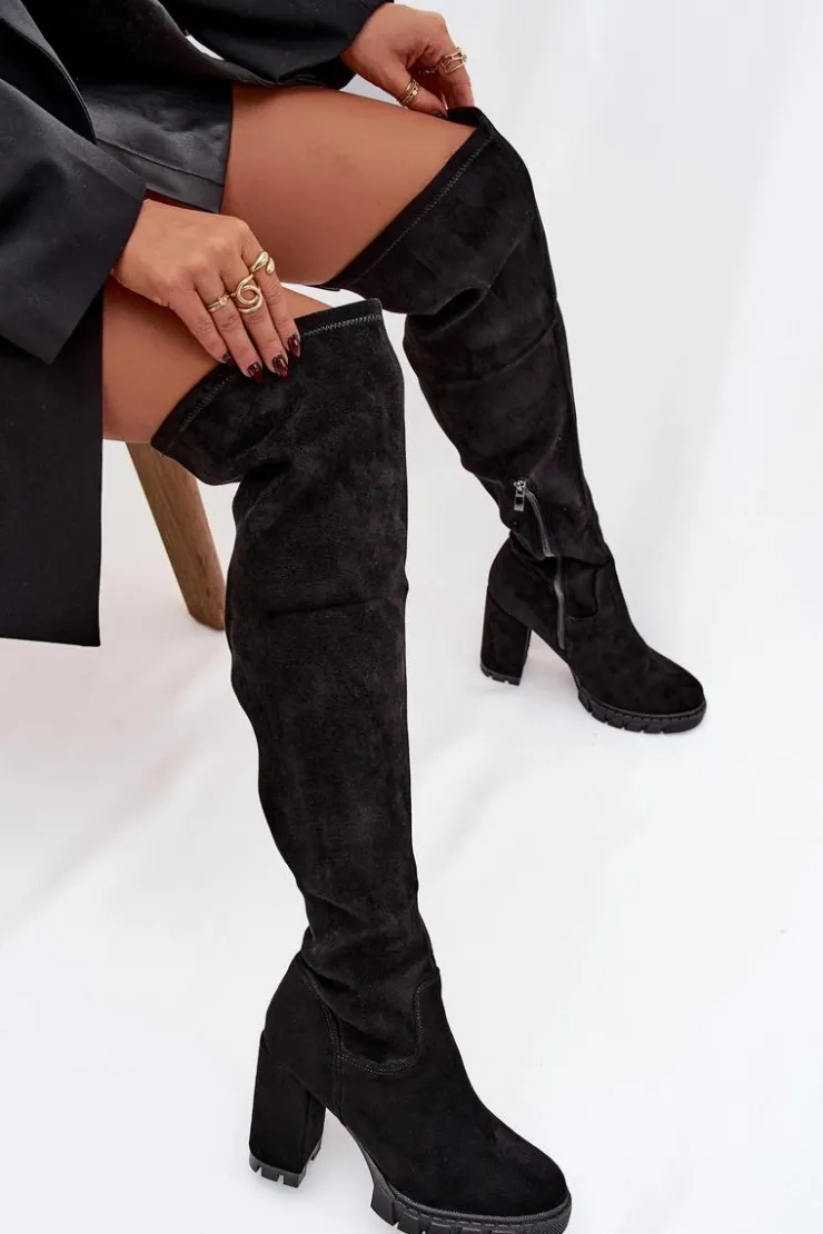 Damskie Boto Kozaki Damskie Za Kolano Na Słupku Eko Zamszowe Czarne Tahlina