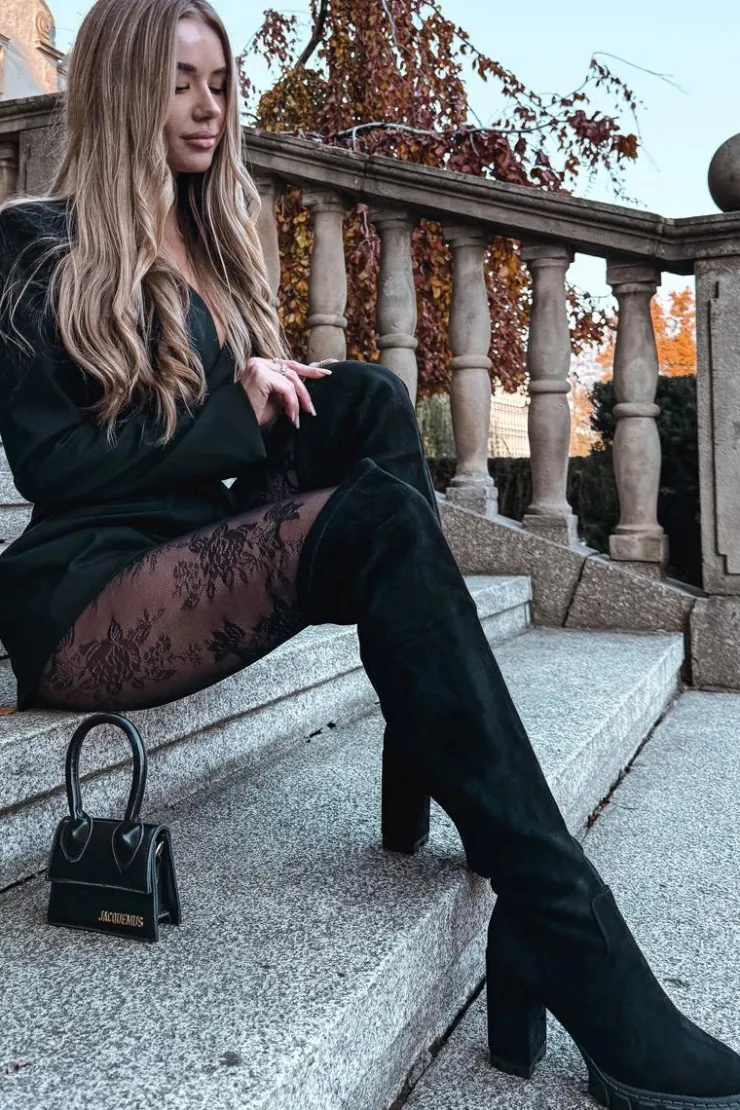 Damskie Boto Kozaki Damskie Za Kolano Na Słupku Eko Zamszowe Czarne Tahlina