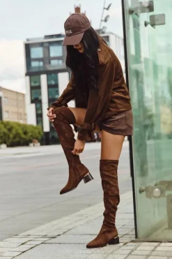 Damskie Boto Kozaki Damskie Za Kolano Na Obcasie Ze Złotym Detalem Brązowe Carina