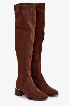 Damskie Boto Kozaki Damskie Za Kolano Na Obcasie Ze Złotym Detalem Brązowe Carina